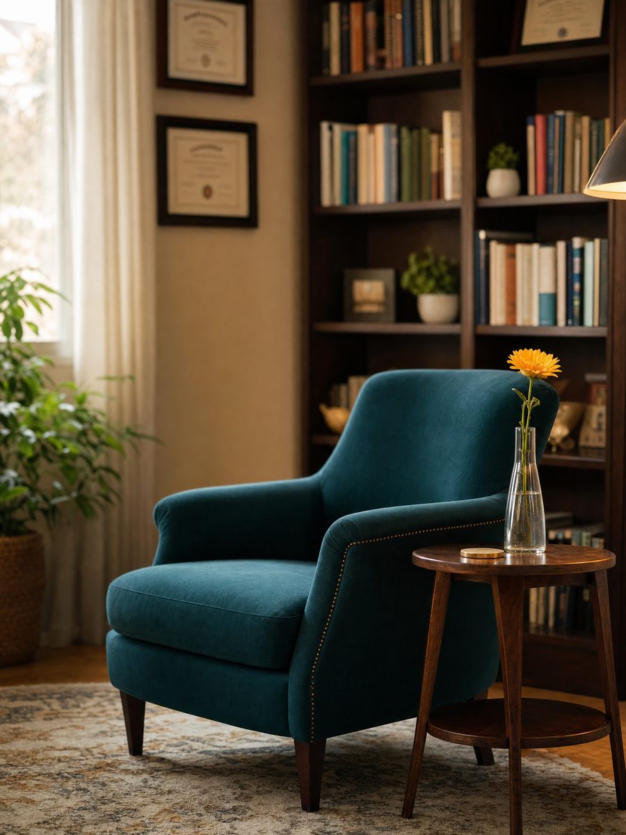 A warm, professionally furnished therapy office representing Dr. Stephanie Booker's practice at Better Days Therapy & Wellness